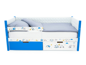 Кровать-тахта Svogen мягкая с ящиками и бортиком с фото синий/барашки